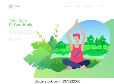 Web page design template with man meditate, sitting in yoga posture at home and at outdoor. Practice yoga lesson on nature. Mental health concept. Vector illustration cartoon