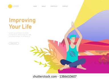 Web page design template with man meditate, sitting in yoga posture at home and at outdoor. Practice yoga lesson on nature. Mental health concept. Vector illustration cartoon
