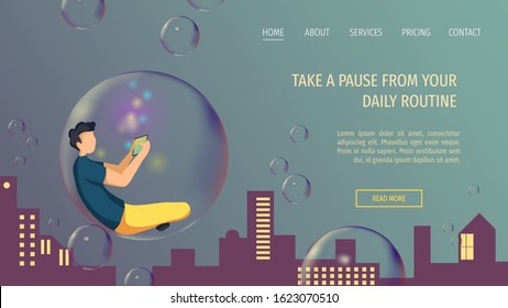 Web page design template with man flying in bubble on the background of the night cityscape. Vector illustration can be used for poster, website, banner.