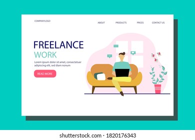 Web page design template. The man works from home. Vector illustration in flat style.