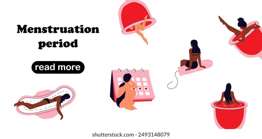 Web page design template for menstrual period, menstruation, premenstrual syndrome, PMS, female reproductive system . Vector illustration for poster, banner, website development. 