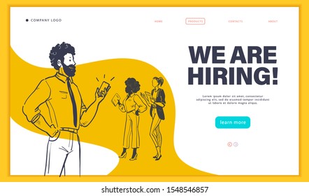 Web page design template with multiracial business people isolated,  employment and recruitment concept. Hand drawn sketch doodle style. UI, UIX, mobile app. Vector illustration.