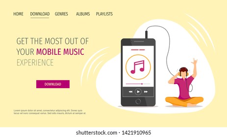 Web page design template for Music player smartphone apps, music lovers. Mobile phone with audio playing application and guy with earphones. Vector illustration for poster, banner, website.
