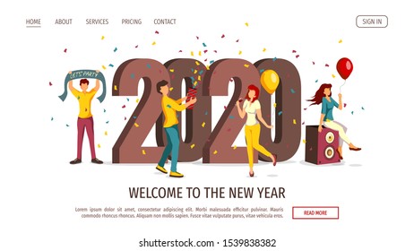 Web page design template for New Year 2020. Cheerful people celebrating a New Year with balloons, music and confetti. Vector illustration for poster, banner, flyer, invitation, website.