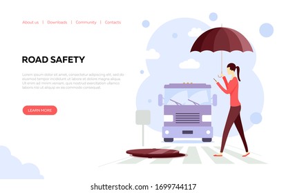 Plantilla de diseño de página web sobre el tema de la seguridad vial. Concepto para el desarrollo de sitios y sitios móviles. Ilustración del vector