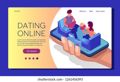 Web page design template online dating. Mobile app. Smart phone in human hand. Couple on a date, sitting on chairs with hearts in hands. Isometric flat 3d illustration for web site
