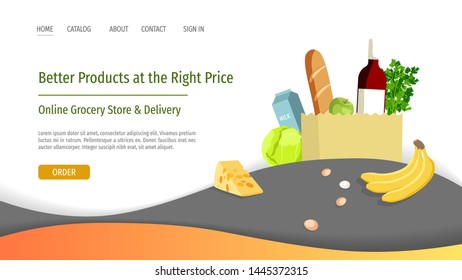 Web page design template for Online Grocery store and home delivery. Paper bag with drinks and food. Vector illustration for poster, banner, website development.