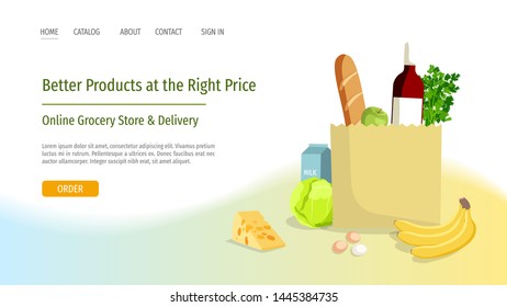 Web page design template for Online Grocery store and home delivery. Paper bag with drinks, fruits, vegetables and other food. Vector illustration for poster, banner, website development.