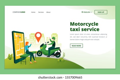 Web page design template of online motorcycle transportation with smartphone application. Motorcycle taxi concept for website and mobile website development