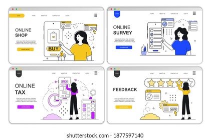 Web page design template, Online shop, survey, tax, feedback. Modern vector concept illustration for website design and mobile websites. Flat illustrations