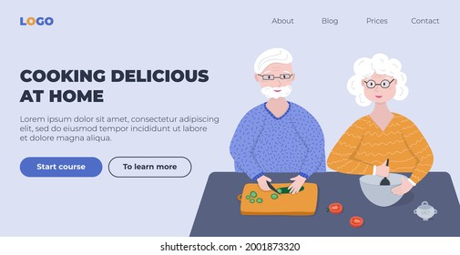 Web page design template for online courses for old retired couples about cooking together at home. Modern vector illustration concept for websites, landing pages, mobile apps.