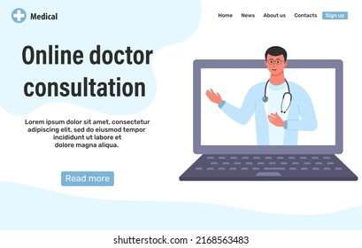 Plantilla de diseño de página web para consulta médica en línea. Doctor con estetoscopio en la pantalla del portátil. Servicios modernos de atención de la salud y concepto de telemedicina en línea.