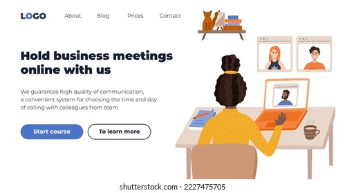Web page design template for online meeting conference. Teamwork concept about distance work. Modern business design of online call between people during quarantine. Corporate business technology.