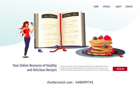 Web page design template with pancakes, open book and woman standing with spoon. Breakfast, Healthy Cooking, Recipe Book concept. Vector illustration for poster, banner, website development.