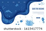 Web page design template in paper cut style underwater ocean underwater view through cave porthole. Coral reef seabed fish in algae waves. Vector paper craft diving World Water Day website concept.