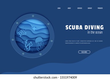 Web Page Design Template In Paper Cut Style Underwater Ocean Underwater View Through Cave Porthole. Coral Reef Seabed Fish In Algae Waves. Vector Paper Craft Diving World Water Day Website Concept.