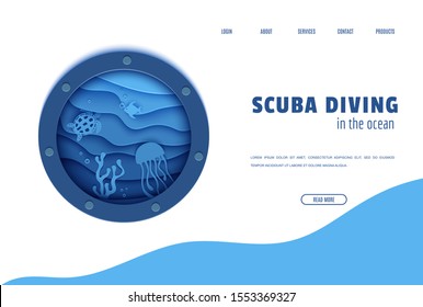 Web page design template in paper cut style underwater ocean underwater view through cave porthole. Coral reef seabed fish in algae waves. Vector paper craft diving World Water Day website concept.