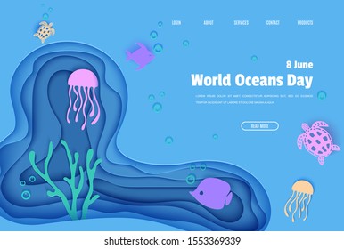 Web page design template in paper cut style underwater ocean cave with fishes coral reef seabed in algae waves. Vector butterflyfish, jellyfish, moonfish, turtle. Paper craft diving website concept.