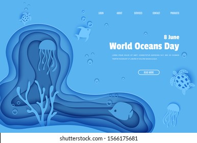 Web page design template in paper cut style underwater ocean cave with fishes coral reef seabed in algae waves. Vector butterflyfish, jellyfish, moonfish, turtle. Paper craft diving website concept.