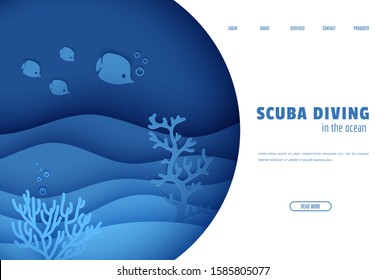 Web Page Design Template In Paper Cut Style Underwater Ocean Underwater View Through Cave Porthole. Coral Reef Seabed Fish In Algae Waves. Vector Paper Craft Diving World Water Day Website Concept.