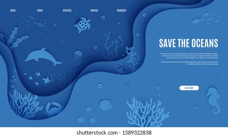 Web Page Design Template In Paper Cut Style Underwater Ocean Underwater View Through Cave Porthole. Coral Reef Seabed Fish In Algae Waves. Vector Paper Craft Diving World Water Day Website Concept