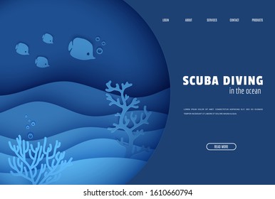 Web page design template in paper cut style underwater ocean underwater view through cave porthole. Coral reef seabed fish in algae waves. Vector paper craft diving World Water Day website concept.