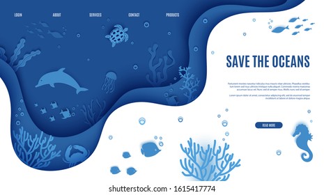 Web page design template in paper cut style underwater ocean underwater view through cave porthole. Coral reef seabed fish in algae waves. Vector paper craft diving World Water Day website concept.