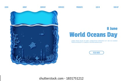 Web page design template in paper cut style underwater ocean underwater view. Aquarium with wild life in paper cut style. Vector paper craft diving World Water Day, 8 June Ocean Day website concept.