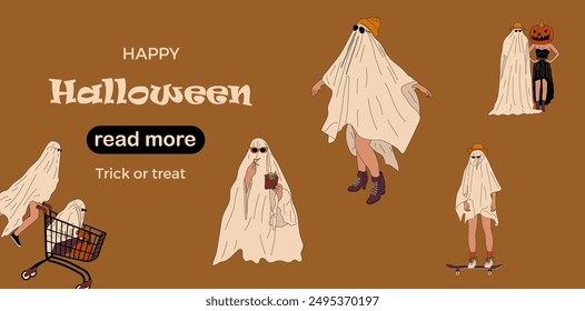 Web page design template. People in Halloween costume. Vector illustration for poster, banner, website development. Ghost.