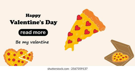 Web page design template. Pizza in the form of a heart. Happy Valentine's Day