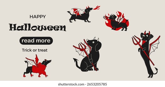 Modelo de design de página da Web. Um brincalhão e travesso desenho animado dachshund com chifres diabólicos e uma atitude ardente.