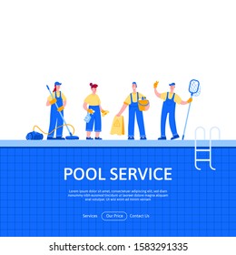 Web page design template. Pool and outdoor Cleaning service modern flat vector illustration concepts for website. Vector Characters specialists with cleaning equipment