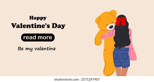 Web page design template. Pretty woman hug a giant teddy bear doll. Happy Valentine's Day