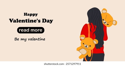 Web page design template. Pretty woman hug a giant teddy bear doll. Happy Valentine's Day