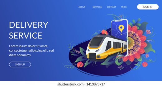 Web page design template for project delivery, transport, train. Modern vector illustration concepts for website and mobile website development. Engraved ink art.