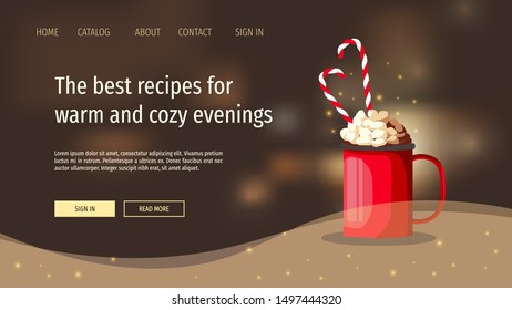 Web page design template for Recipes, Cozy, Christmas. Mug of cacao with marshmallows and candy canes. Vector illustration for poster, banner and website development.