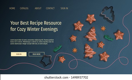 Web page design template for Recipes, Cooking, Merry Christmas. Vector illustration for poster, banner and website development.