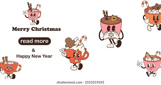 Web page design template. Retro cartoon cups of hot chocolate with marshmallows and candy canes, designed as Christmas mascot characters. Happy new years