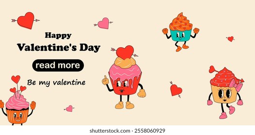 Web page design template. Retro set cupcake 30s cartoon mascots characters. Happy Valentine's Day