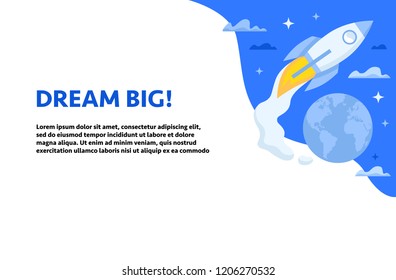 Web page design template with rocket launching into space from earth. Flat design vector illustration concept for creativity, imagination, innovation