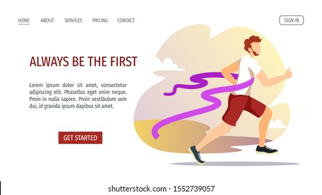 Web page design template for Running, Marathon, Sport, Winner, Success, Finish, Healthy lifestyle. Runner crossing the finish line. Vector illustration for poster, banner, placard, website, flyer.