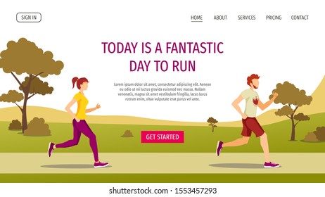 Web page design template for Running, Sport, Healthy lifestyle, Outdoor, Nature. People running along the track in nature. Vector illustration for poster, banner, placard, website, flyer.