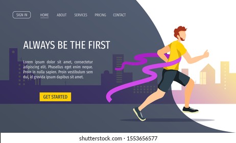 Web page design template for Running, Marathon, Winner, Success, Finish, Sport, Healthy lifestyle. Runner crossing the finish line. Vector illustration for poster, banner, placard, website, flyer.