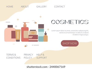 Web page design template with set of beauty products, cosmetics, cream and lotion. Cleansing concept for banner, poster, website. Vector illustration. Landing page layout. Skin care and body care