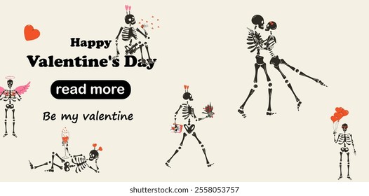 Web page design template. Set of Funny Skeletons with decor for Valentine's day. Cute character Skeleton Bones. Happy Valentine's Day