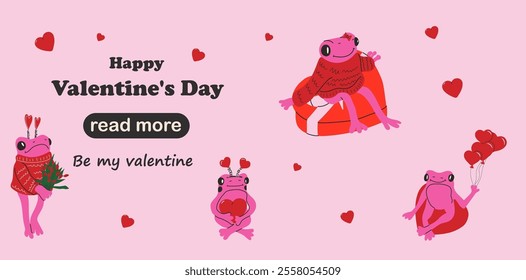 Web page design template. Set of Cute frog with valentines decorations.  Happy Valentine's Day