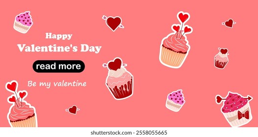 Web page design template. Set of four Valentine's Day cupcakes. Love Concept. Happy Valentine's Day