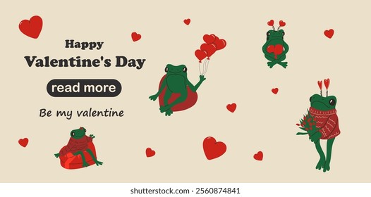 Web page design template. Set of Cute frog with valentines decorations. Happy Valentine's Day