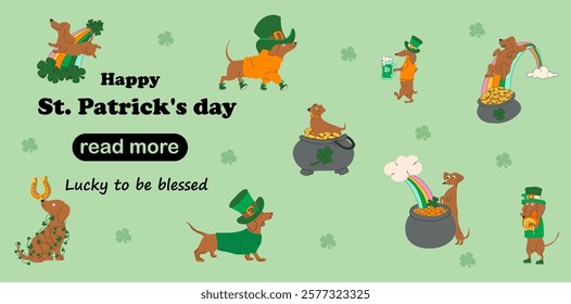 Web page design template. A set of cartoon dachshunds wearing green clothes and hats. St. Patrick's day. 