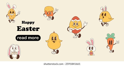 Web page design template. Set of Groovy Cute Easter Characters
